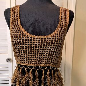 Forever 21 Cropped Gold Caged Knit Top Fringe Tassels Sz S Festival Party Glam